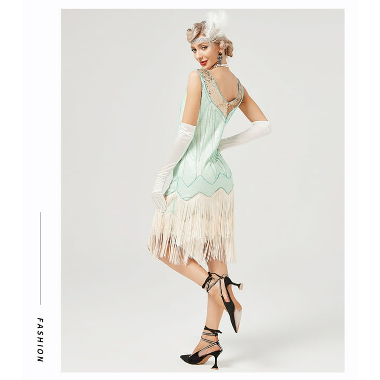 1920s Vintage Dress Beaded Sequin 30S Flapper Dresses Prom Wedding Women Vintage  Dress V Neck Beaded Fringed Tassels,Light Green,XXL - Walmart.com
