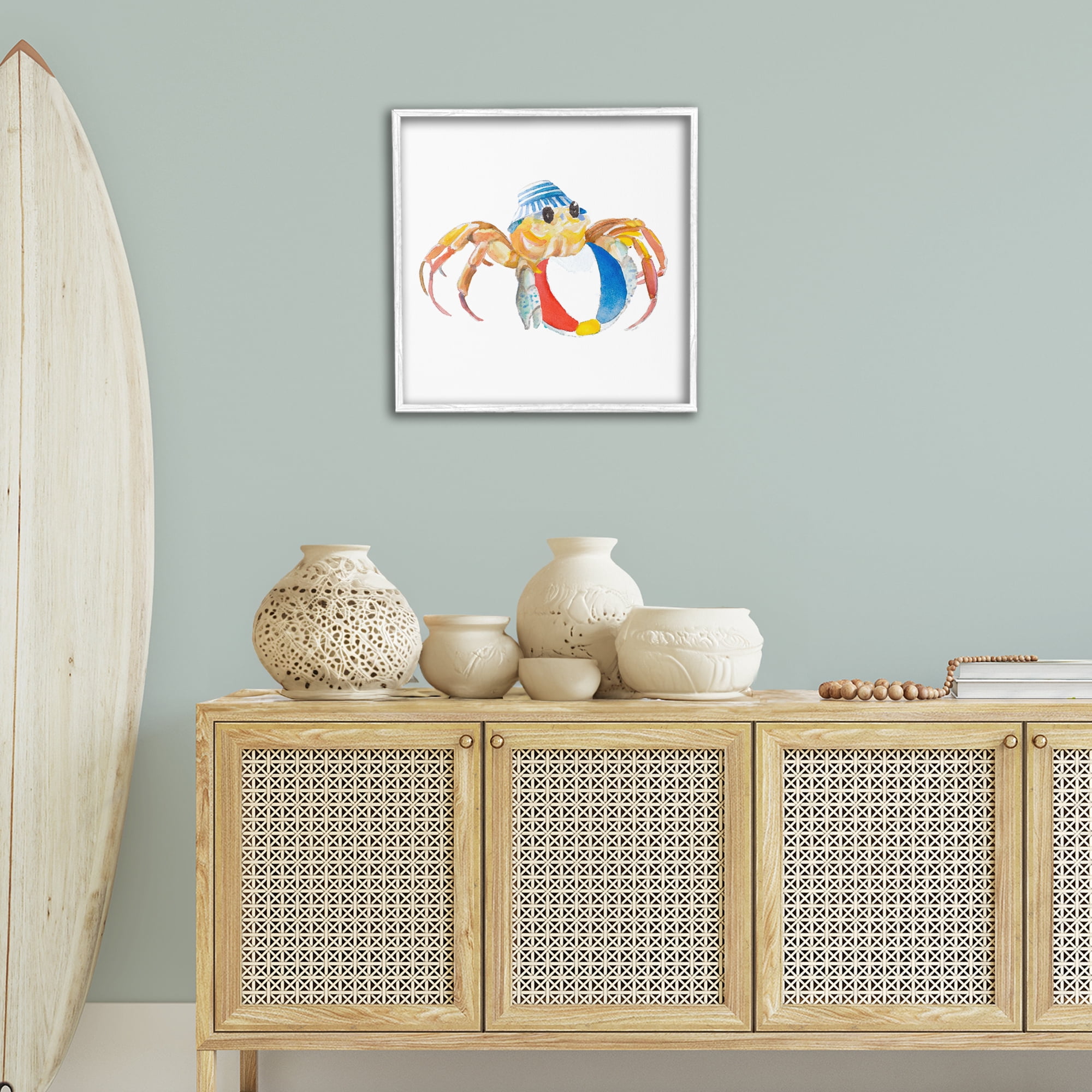 Stupell Industries Beach Ball Crab Novelty Painting White Framed Art Print Wall Art, 24 x 24