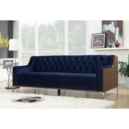 Wood Framed Couch Chic Home Parker Sofa Button Tufted Velvet Walnut Finish Swoop Arm Wood Frame with Polished Metal Legs, Modern Contemporary, Navy ()