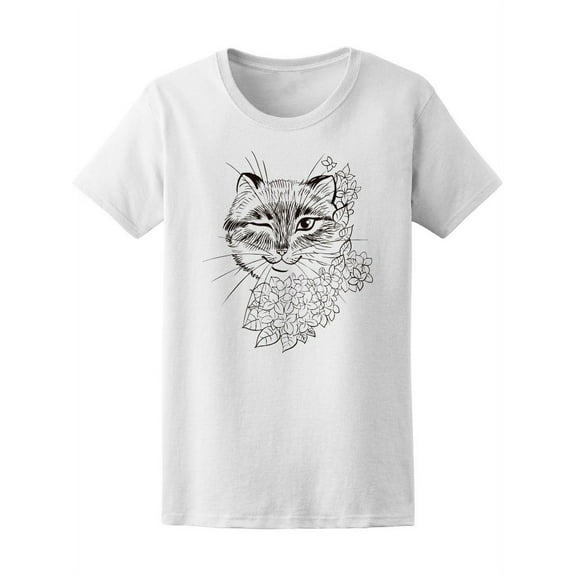 Cute Cat And Hydrangea Sketch T-Shirt Women -Image by Shutterstock, Female x-Large