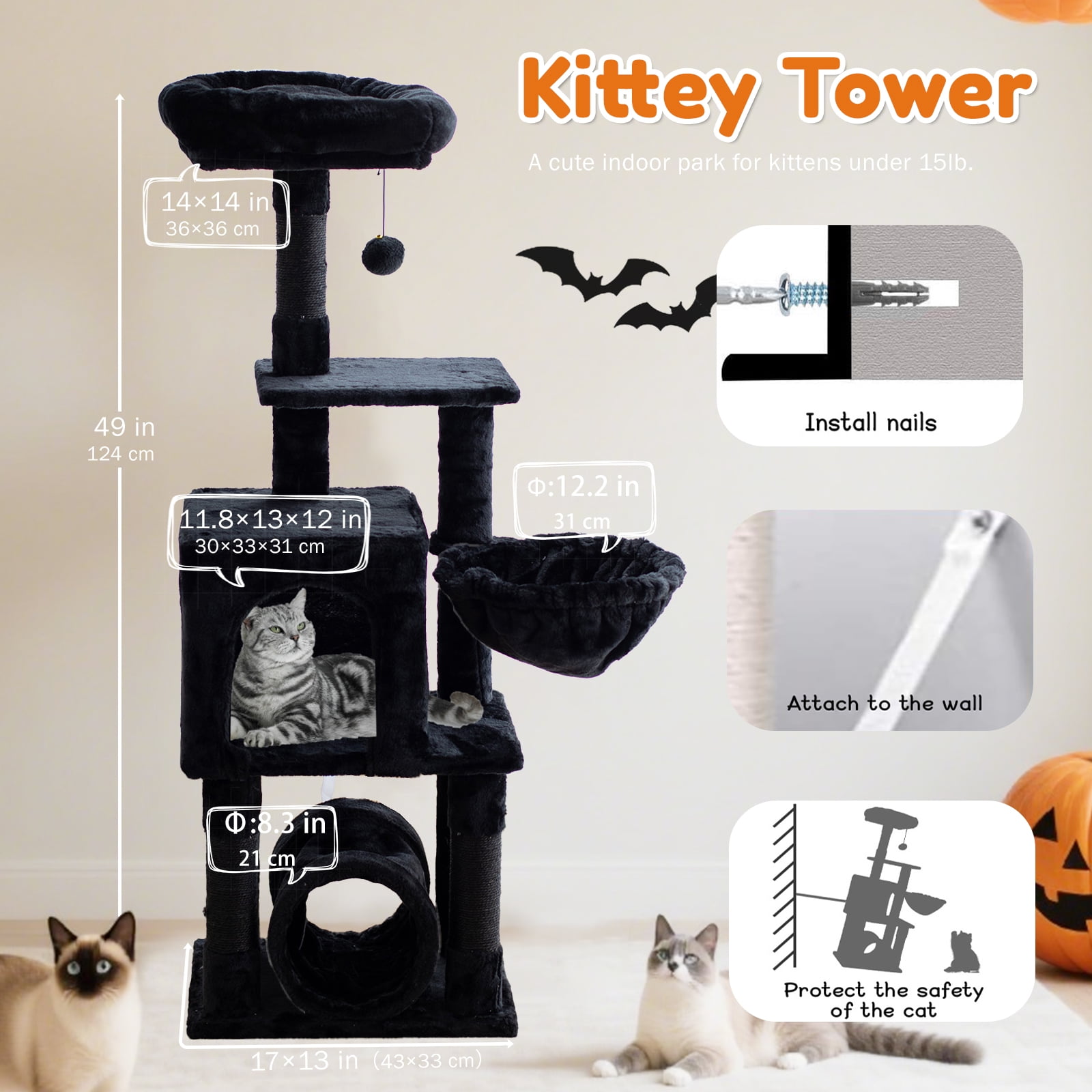 Senbonry 49in Gothic Cat Tree Tower for Indoor Cats with Scratching Posts, 9 Inchs Tunnel, Condo, Basket, Pompoms,Black