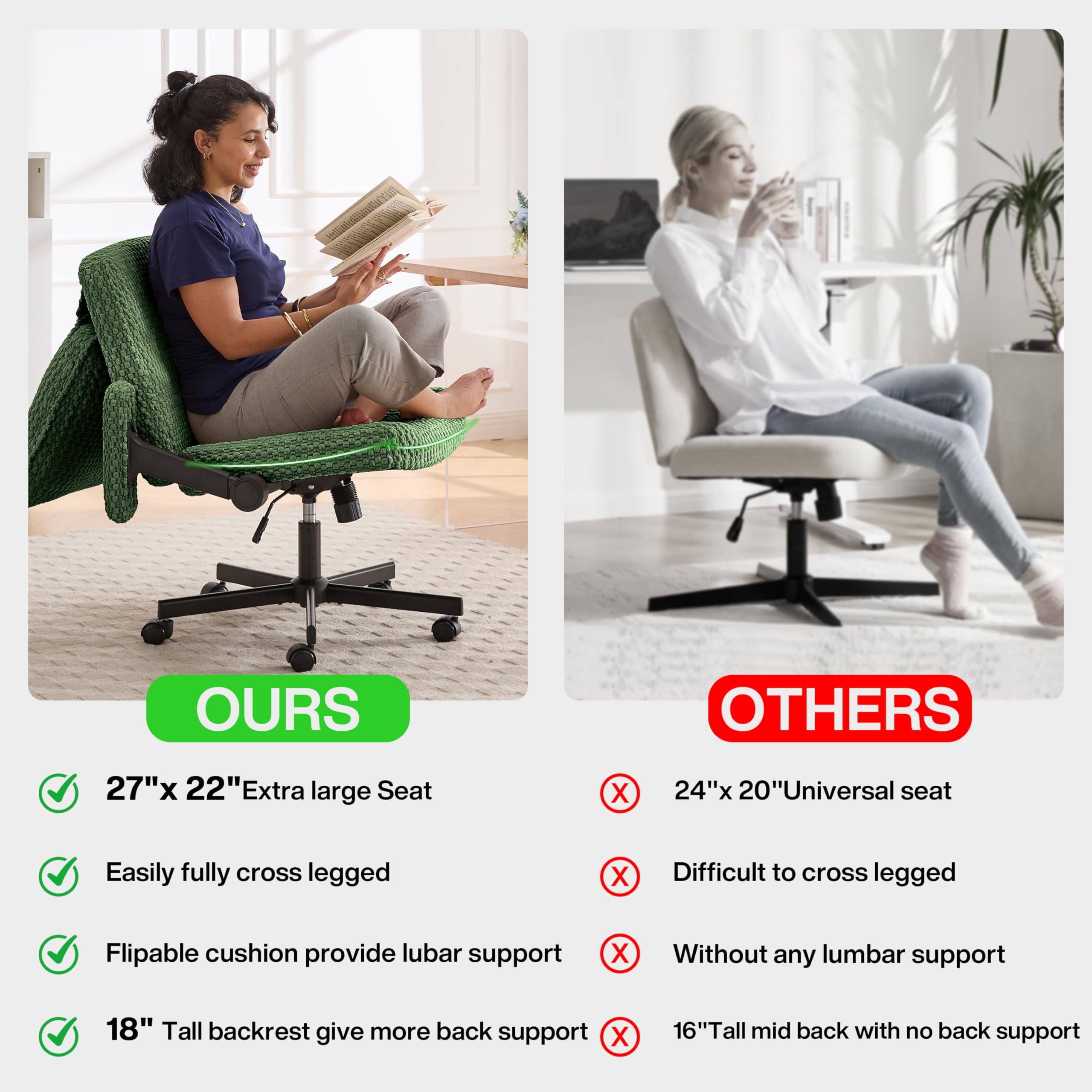 Nexthro Criss Cross Chair,Cross Legged Chair with Wheels and Arms,27" Wide Seat Office Desk Chair with Flipable Back Cushion,Mid Back Beige Swivel Chair for Home Office,Bedroom Vanity(Green)