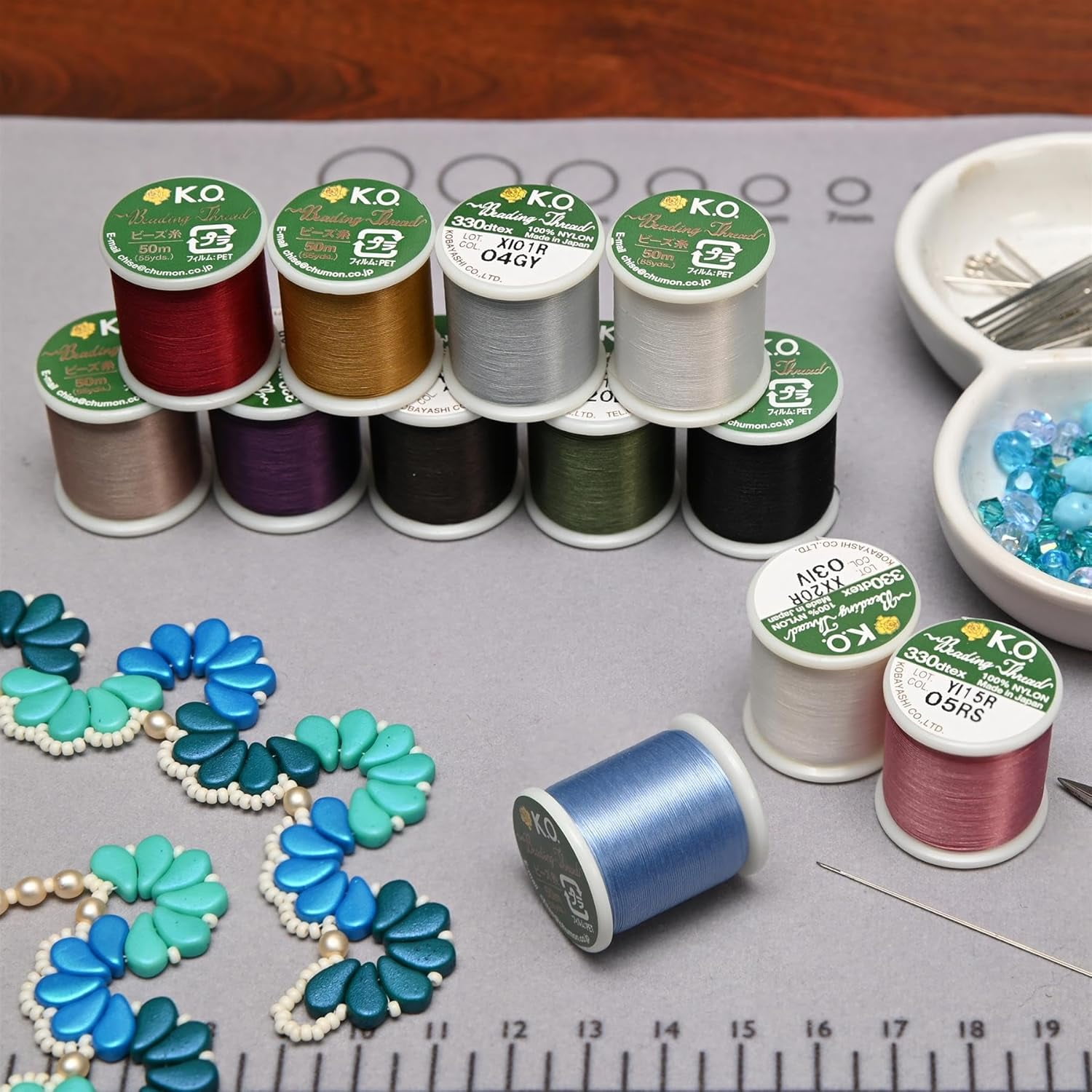 KO Thread, Nylon Beading Thread, 12-Piece Color Assortment, Japanese Pre-Waxed 100% Nylon, 330TEX, Tangle Resistant Knotting Cords, 50 meters, Use for seed bead projects, loom work and bead weaving