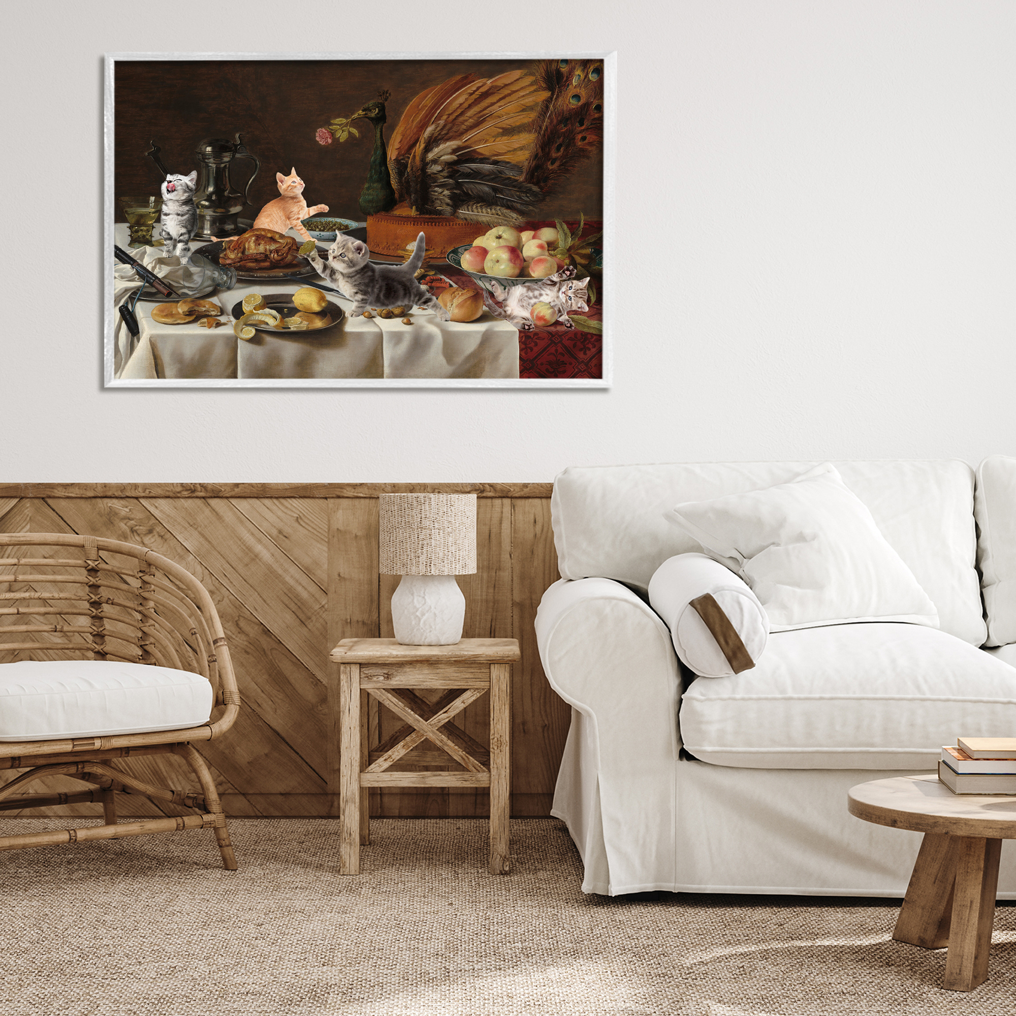 Kittens on Still Life Feast White Framed Giclee Art, design by Masters Redux