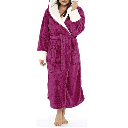 

JOYFEEL Women Bathrobe Flannel Warm Long Robe Waist Lace-up Pocket Nightgown for Autumn Winter