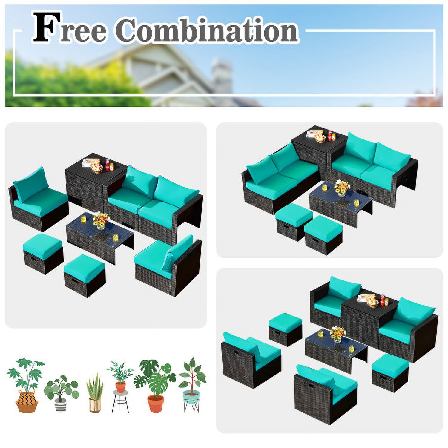 Aimee Lii 8 Pieces Patio Rattan Storage Table Furniture Set, Outdoor Patio Set, Turquoise Aimee Lii 8 Pieces Patio Rattan Storage Table Furniture Set, Outdoor Patio Set, Turquoise