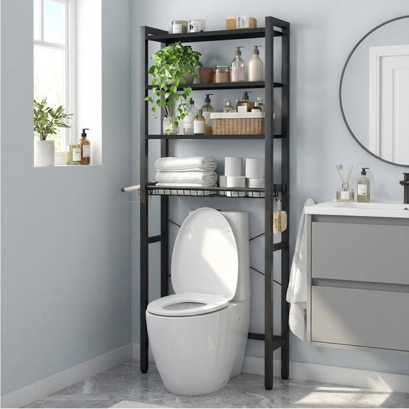LEDREM 68.1-Inch Over-the-Toilet Storage Organizer, 4-Tier Bathroom Shelf with Adjustable Shelves, Basket & 3 Hooks, Space-Saving Design, Ebony Black