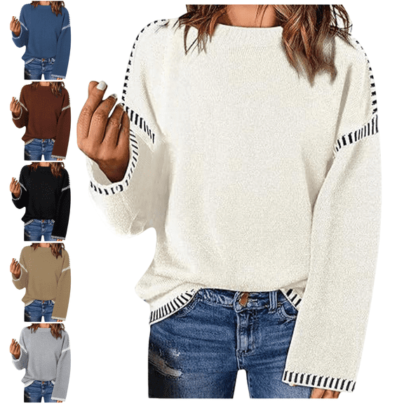 Sriper Sweaters for Women Oversized Long Sleeve Crewneck Knit Sweater Dropped Shoulder Patchwork Thick Warm Pullover Soild Fashion Winter Outerwear