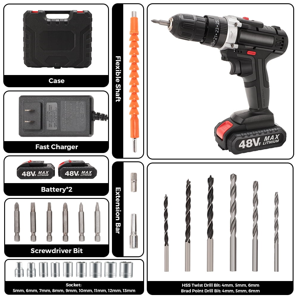 48V Cordless Drill Electric Power Drill Set with 2 Batteries 2 Variable Speed and Built in LED Walmart