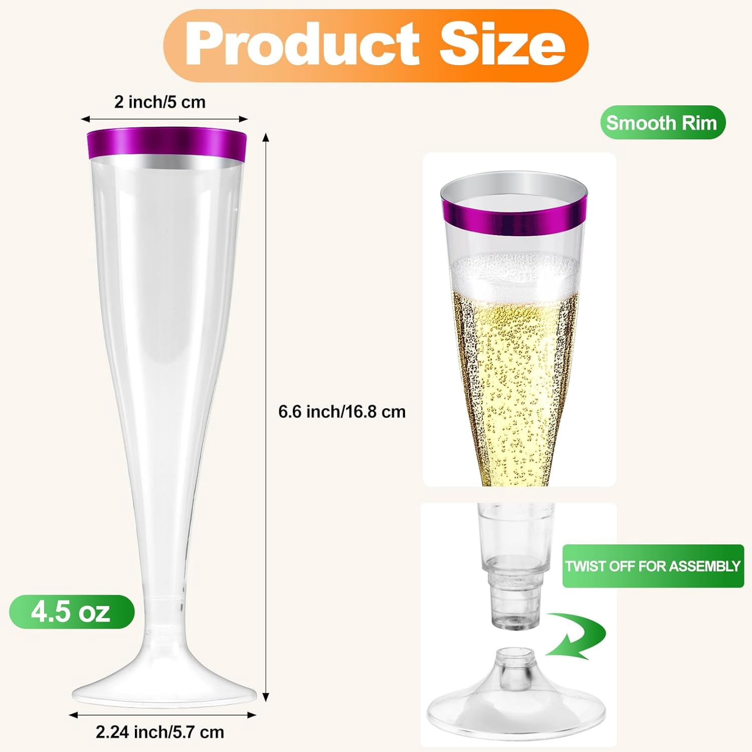 100 Pcs Plastic Champagne Flutes,4.5oz Plastic Champagne Glasses,Clear Disposable Champagne Flute,Plastic Toasting Glasses for Parties Wedding Drinking Party Cocktail Cups (Purple)