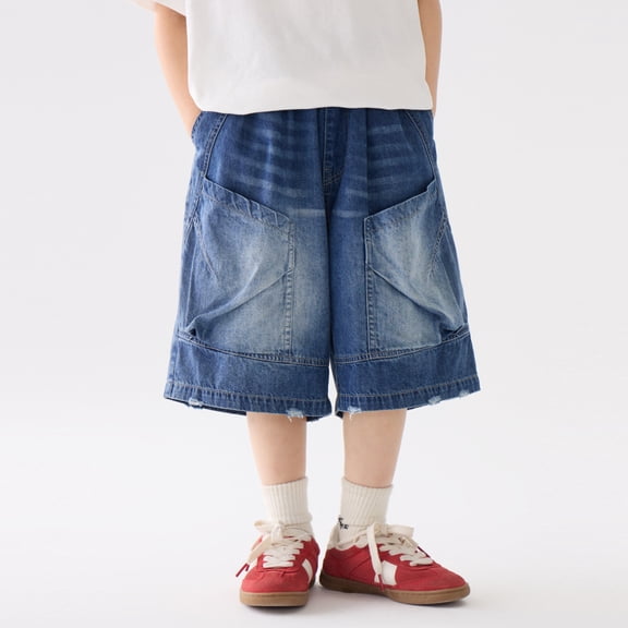Boys Cargo Denim Shorts Loose Fit Casual Summer Thin Pants For Kids And Big Boys Everyday School Outdoor WearBlue13-15 Years
