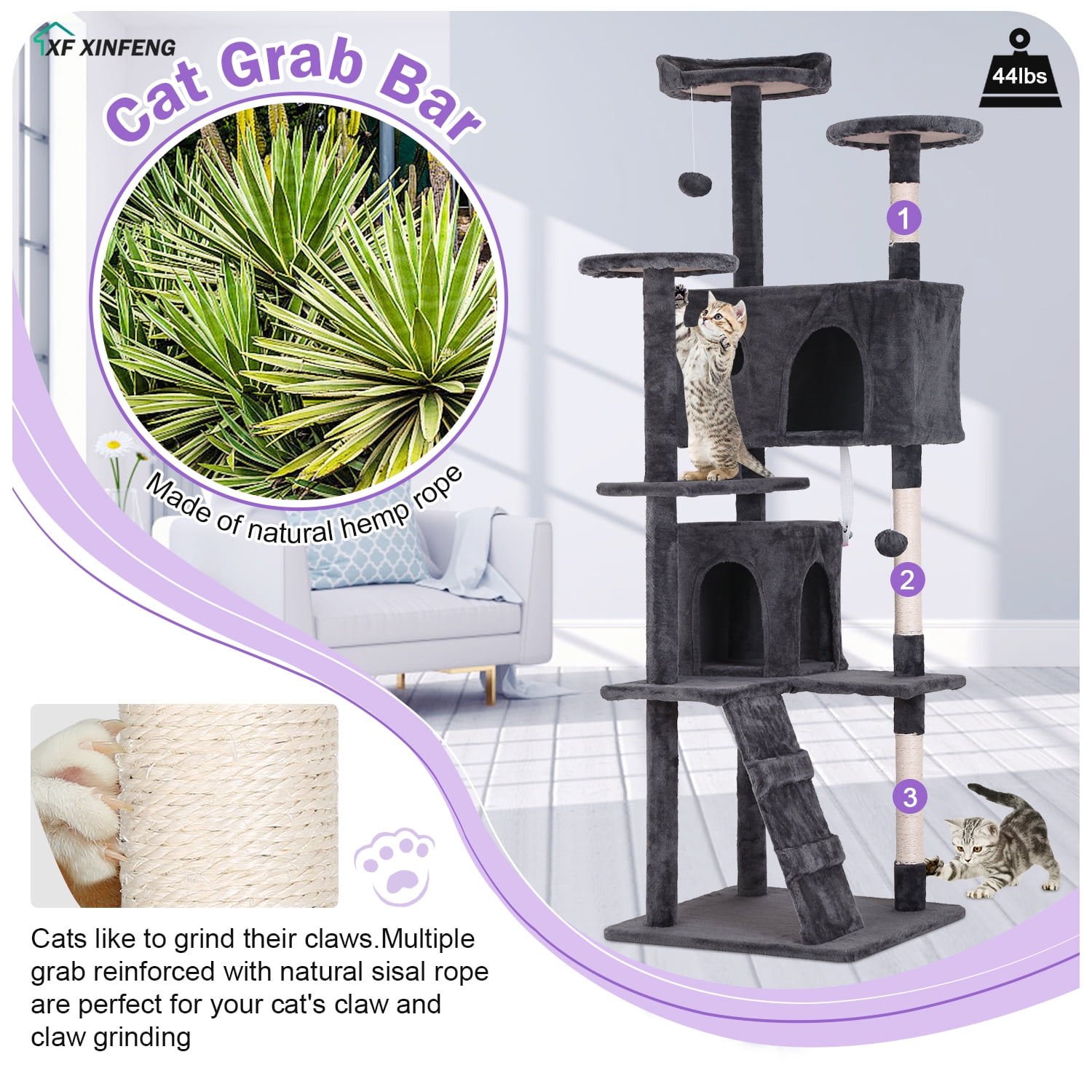 XF XINFENG 70" Cat Tree Tower Playhouse for Indoor Cats with Scratching Posts, Multi-Level Pet Cozy Condo Furniture, Ashy