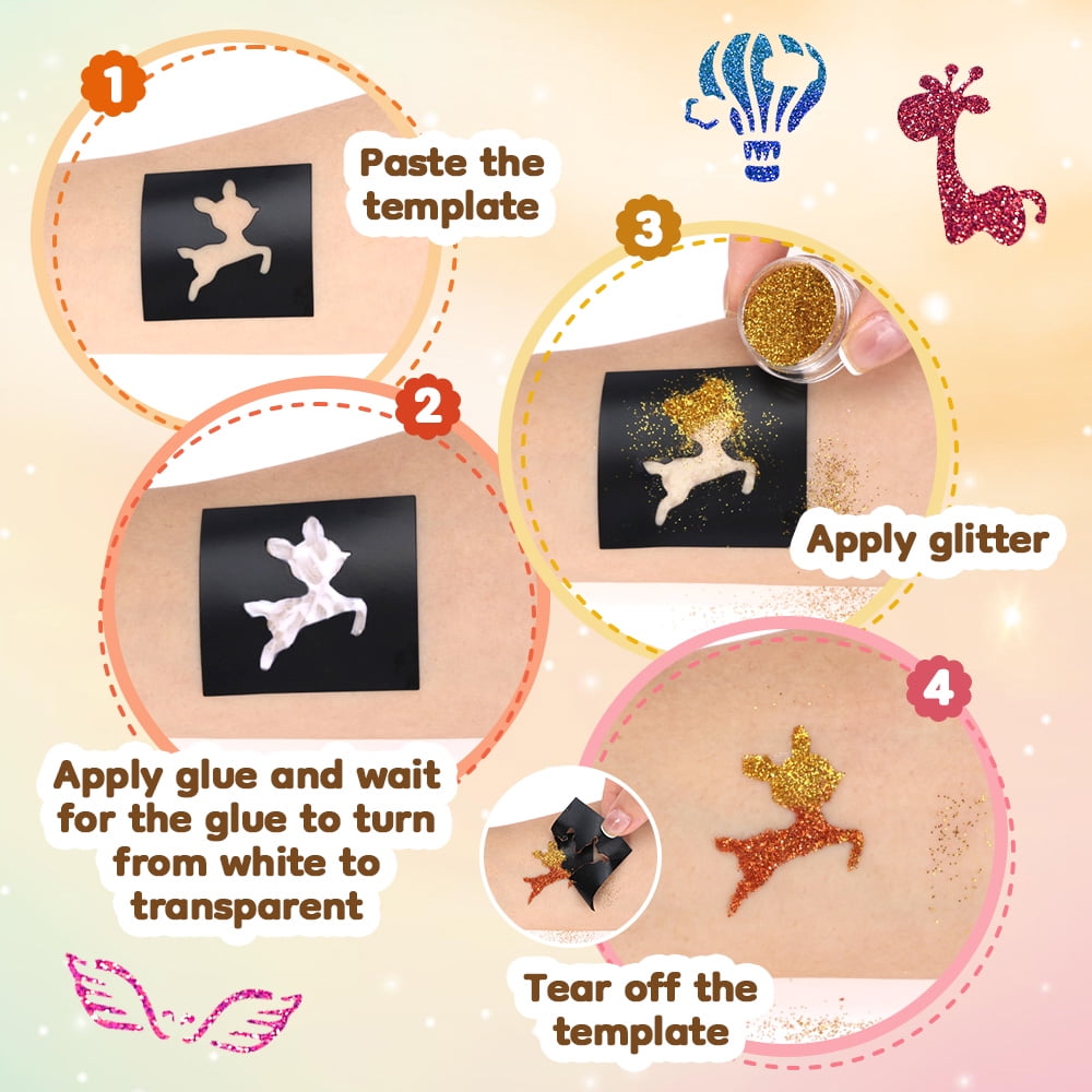 Glitter Tattoo Set, Caveen Bledras 36 Colors Kids Tattoo Kit, 178 Stencils, 4 Brushes, 2 Glues for Carnival, Cosplay Parties (Orange)