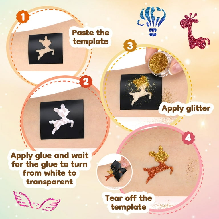 Kit Tatuaggi Glitter Per Bambini - 42 Colori Con Glitter Fluorescenti, Stencil E Strass - Gioco Creativo E Sicuro - Foto 10