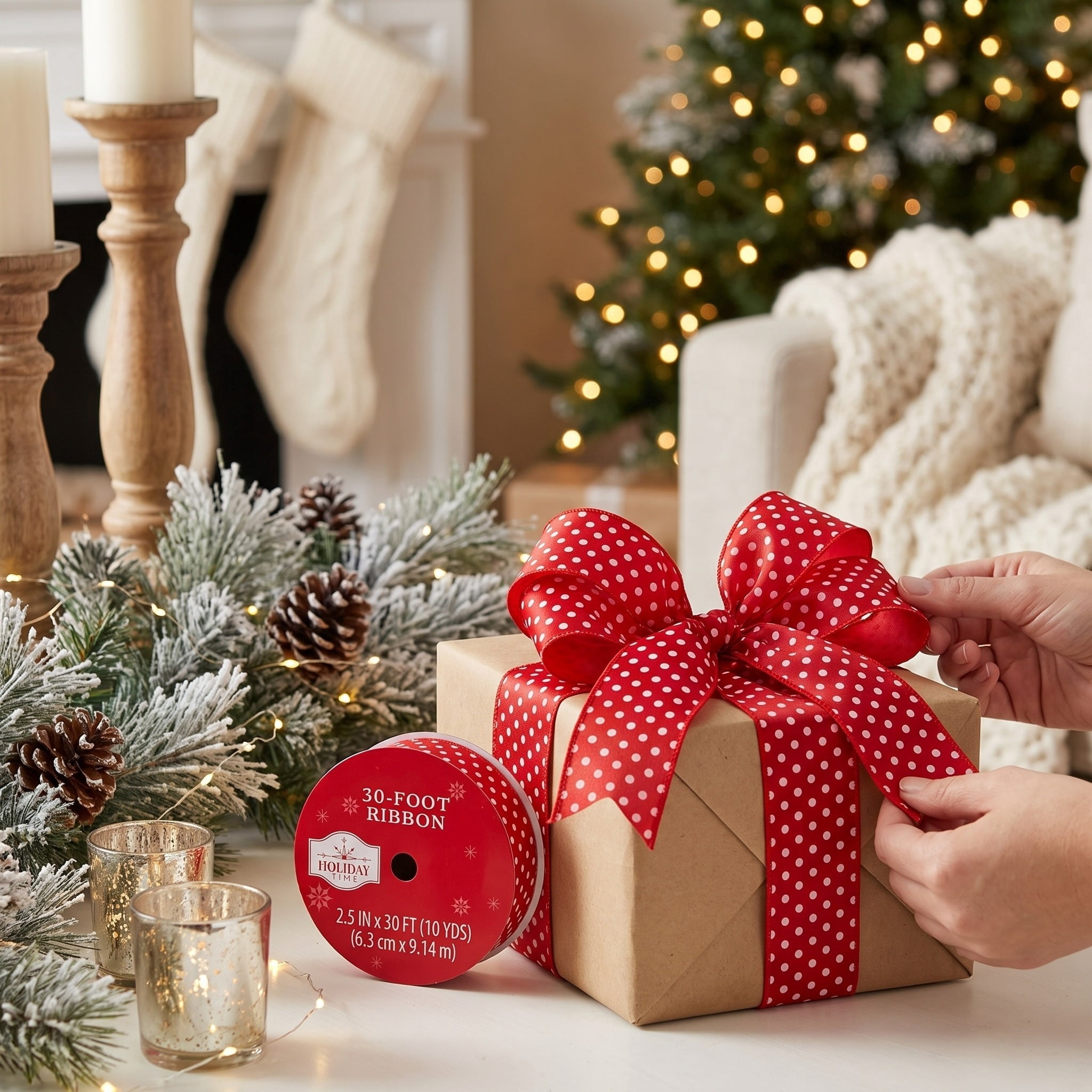 Red/White/Green Polka Dot and Stripe Dual-Sided Christmas Ribbon, 2.5" x 30', by Holiday Time