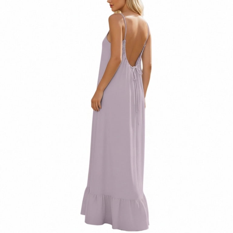 loose fitting backless dress Sevevn Women's Backless Maxi Dress Spaghetti Strap Sleeveless Loose Fit  Long Dress Lightweight Flowing Summer Casual Vacation Dress Black M