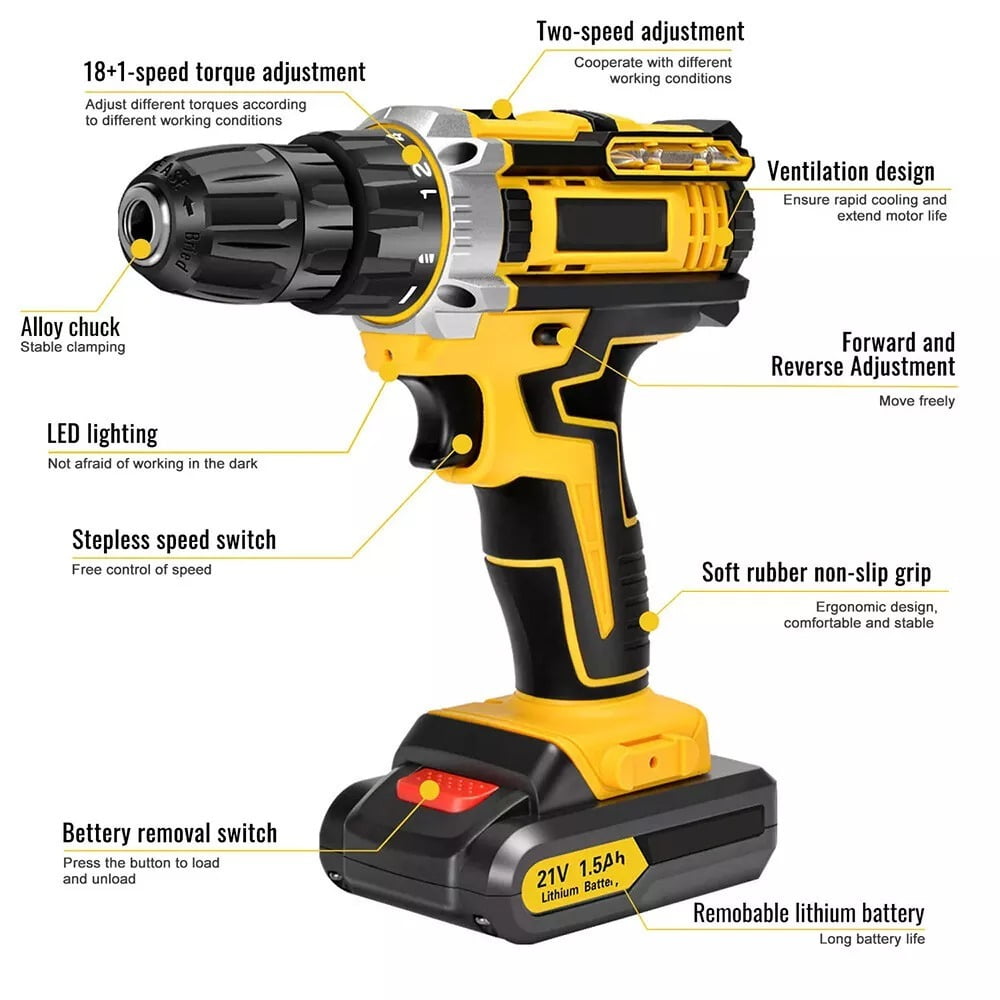 21V Cordless Hammer Drill Set Electric Impact Driver Screwdriver with 2 Battery for Home, Garden, DIY & Workshop
