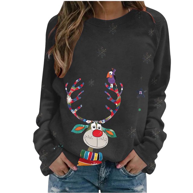 Funicet Chandails en Molleton de Noël pour Femmes, Hauts à Manches Longues pour Femmes, Mode de Noël Décontractée Imprimé Col Rond Ample Long Sans Capuche, Hauts de Noël pour Femmes, Hauts à Manches Longues pour Femmes