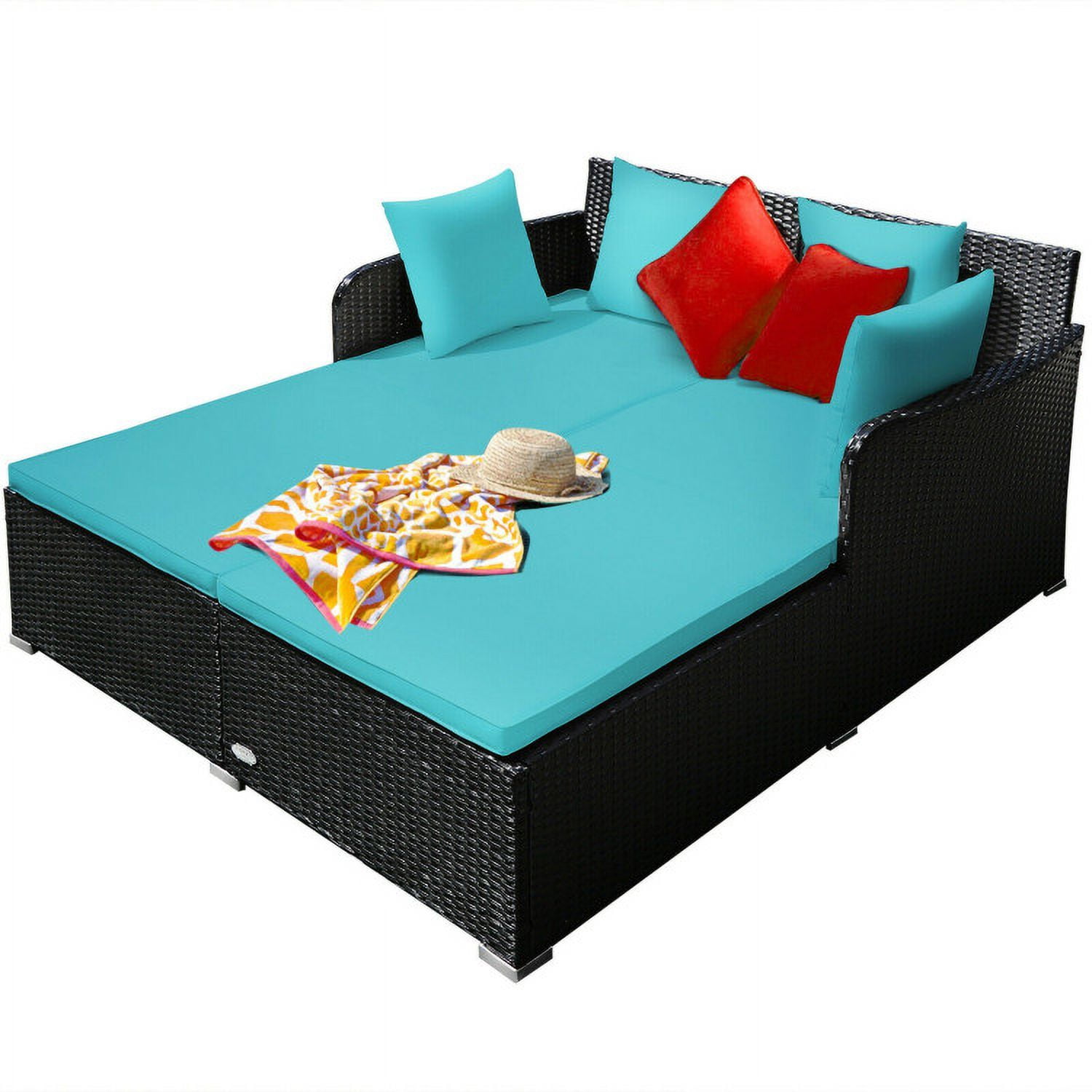 Aimee Lii Spacious Outdoor Rattan Daybed with Upholstered Cushions and Pillows, Outdoor Deck Furniture, Turquoise Aimee Lii Spacious Outdoor Rattan Daybed with Upholstered Cushions and Pillows, Outdoor Deck Furniture, Turquoise