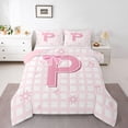 thumbnail image 3 of Homewish Cartoon Initial P Letter Queen Comforter Set, Pink Bowknot Monogrammed Bedding Sets, Square Buffalo Reversible Bedding Comforter Set, Lightweight Room Decor, 3-Piece, 3 of 8
