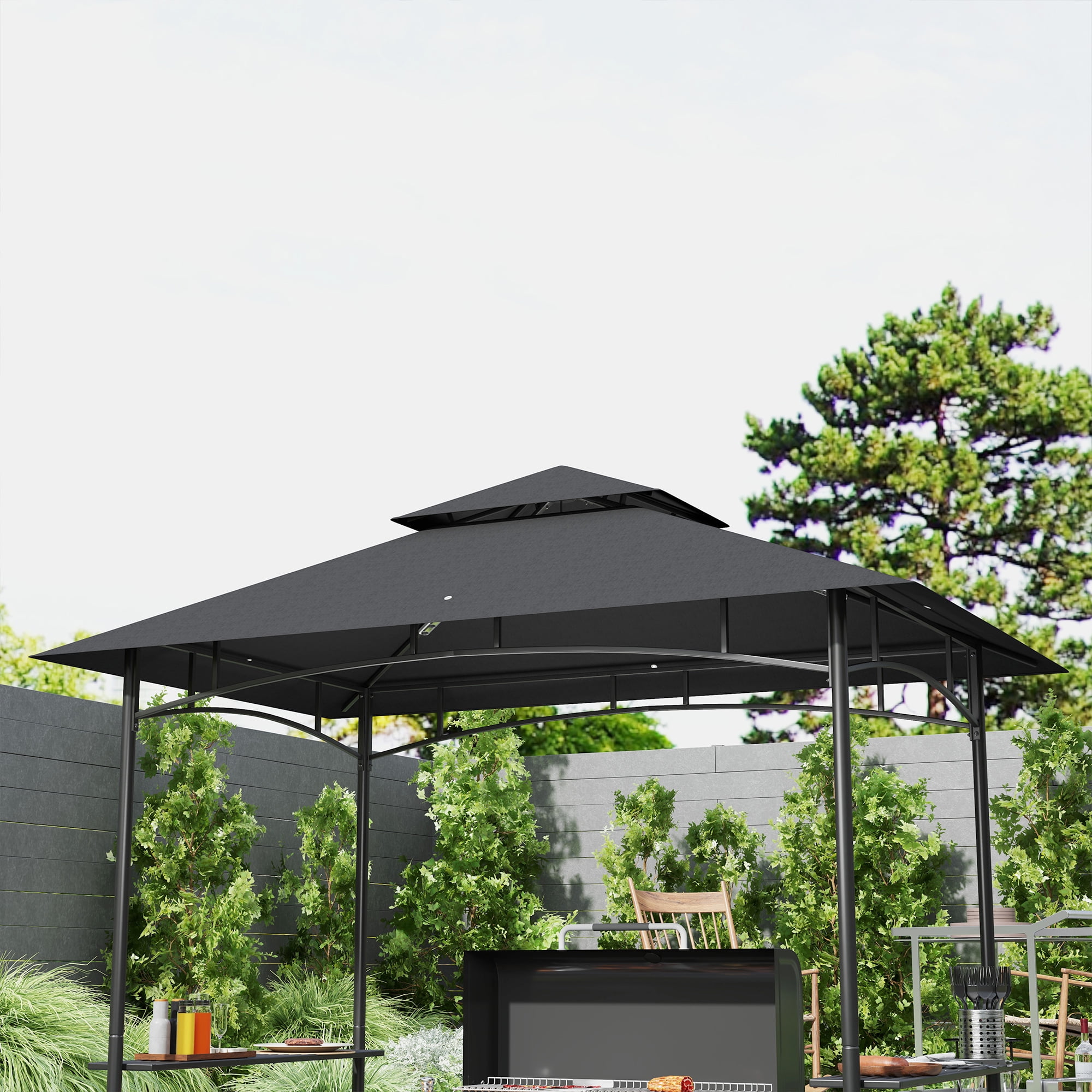 Outsunny 8' x 5' Grill Gazebo, 2-Tier Outdoor BBQ Gazebo with 2 Side Shelves, Storage Baskets and Ceiling Hook, Dark Gray