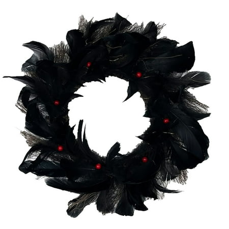 

uyhgjm Black Feather Wreath Halloween Wreath With Red Berry For Front Door Halloween Scene Party Halloween Decoration Halloween Photo Props Trick