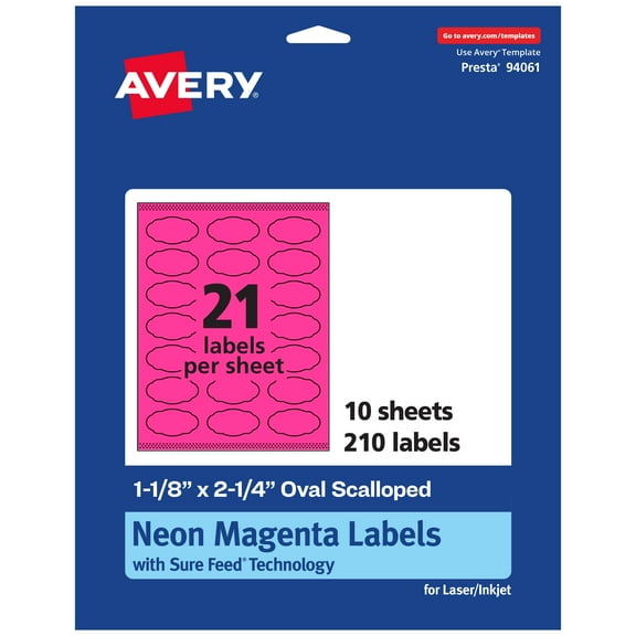Avery Oval Scalloped Labels, Neon Magenta, 1-1/8" x 2-1/4", 210ct