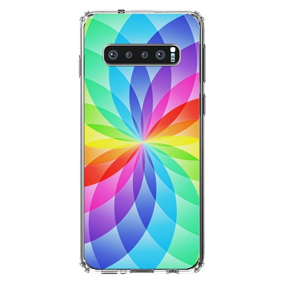 DistinctInk Clear Shockproof Hybrid Case for Samsung Galaxy S10  PLUS(6.4" Screen) - TPU Bumper, Acrylic Back, Tempered Glass Screen Protector - Rainbow Star Geometric