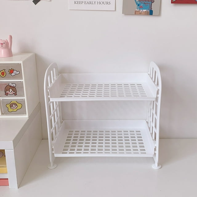 Holder Bathroom 2 Layer Desktop Shelf Side Guardrail Design Foldable Double Layer Stacking Cosmetic Stationery Storage HolderWhite