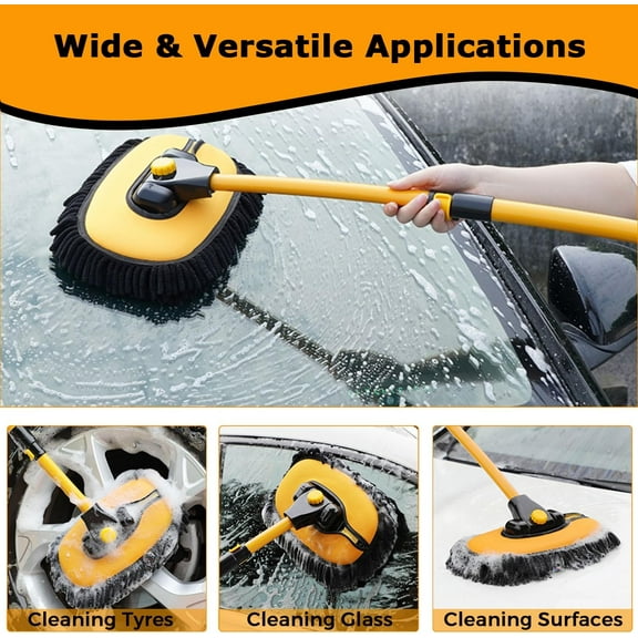 15° Curved Car Wash Brush， with Long Handle 43" Extension Pole ，RV Truck Microfiber Cleaning Mop Auto SUV Wheel Boat Exterior Interior Detailing 2 in 1 Carwash Duster Not Hurt Paint Scratch Free（Blue）