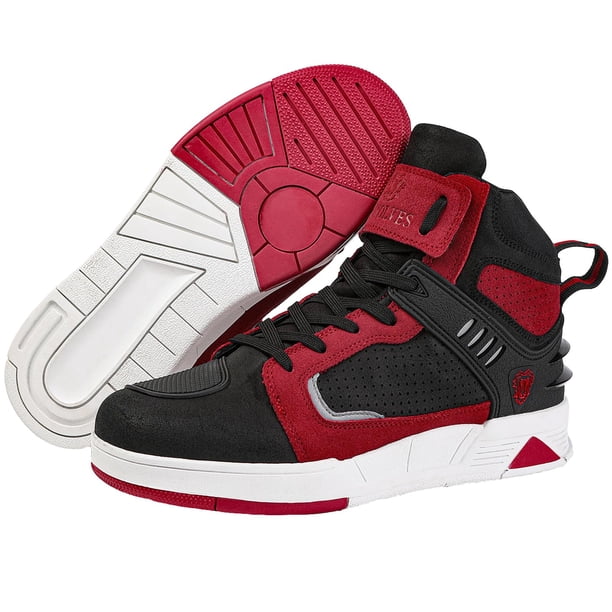 Bofucn Botas de cuero para motocicleta, zapatos para montar en la calle, zapatos antideslizantes con cremallera lateral para hombres y mujeres (negro/rojo adulto 12,5 hombres/14,5 mujeres)