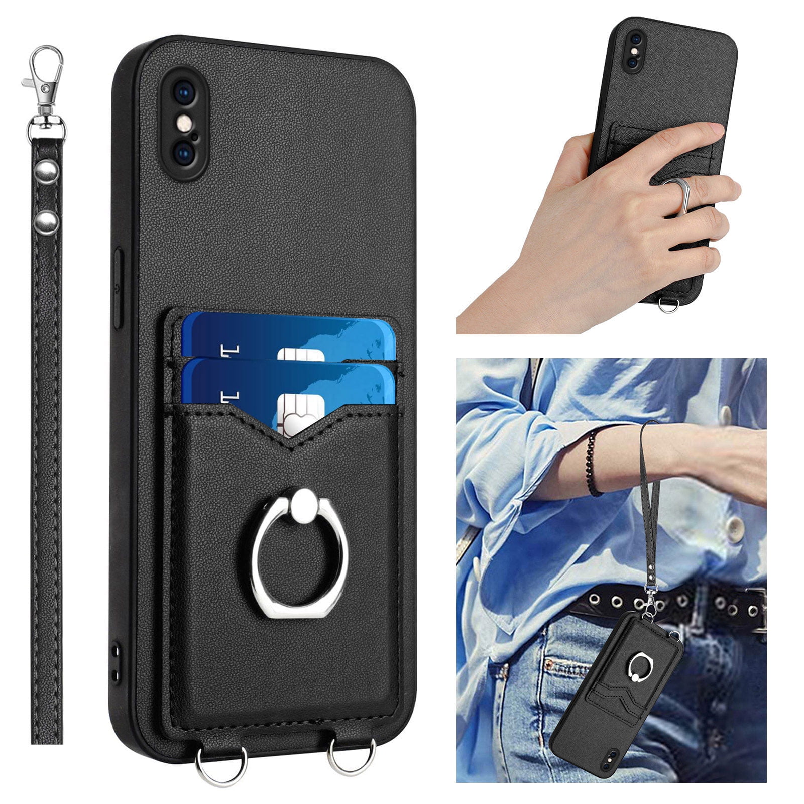 Wallet Case for iPhone XS Max, Stylish Ultra Slim PU Leather Card Slots Ring Stand Wrist Strap Shockproof Protective Thin Lightweight Back Case Cover for iPhone XS Max, Black