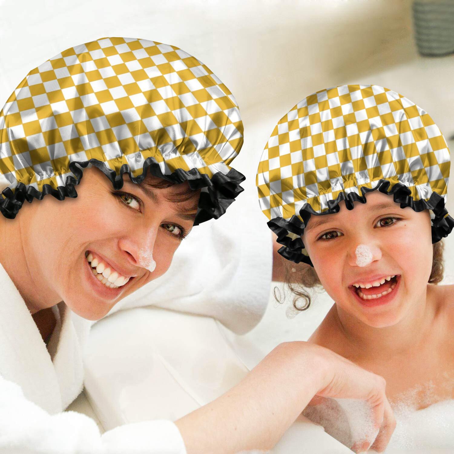 Shower Caps,Yellow and White Checkerboard Pattern Waterproof Shower Cap for Women 4 Pieces,Double Reusable Hair Cover for Shower PEVA Elastic Stretch Hem