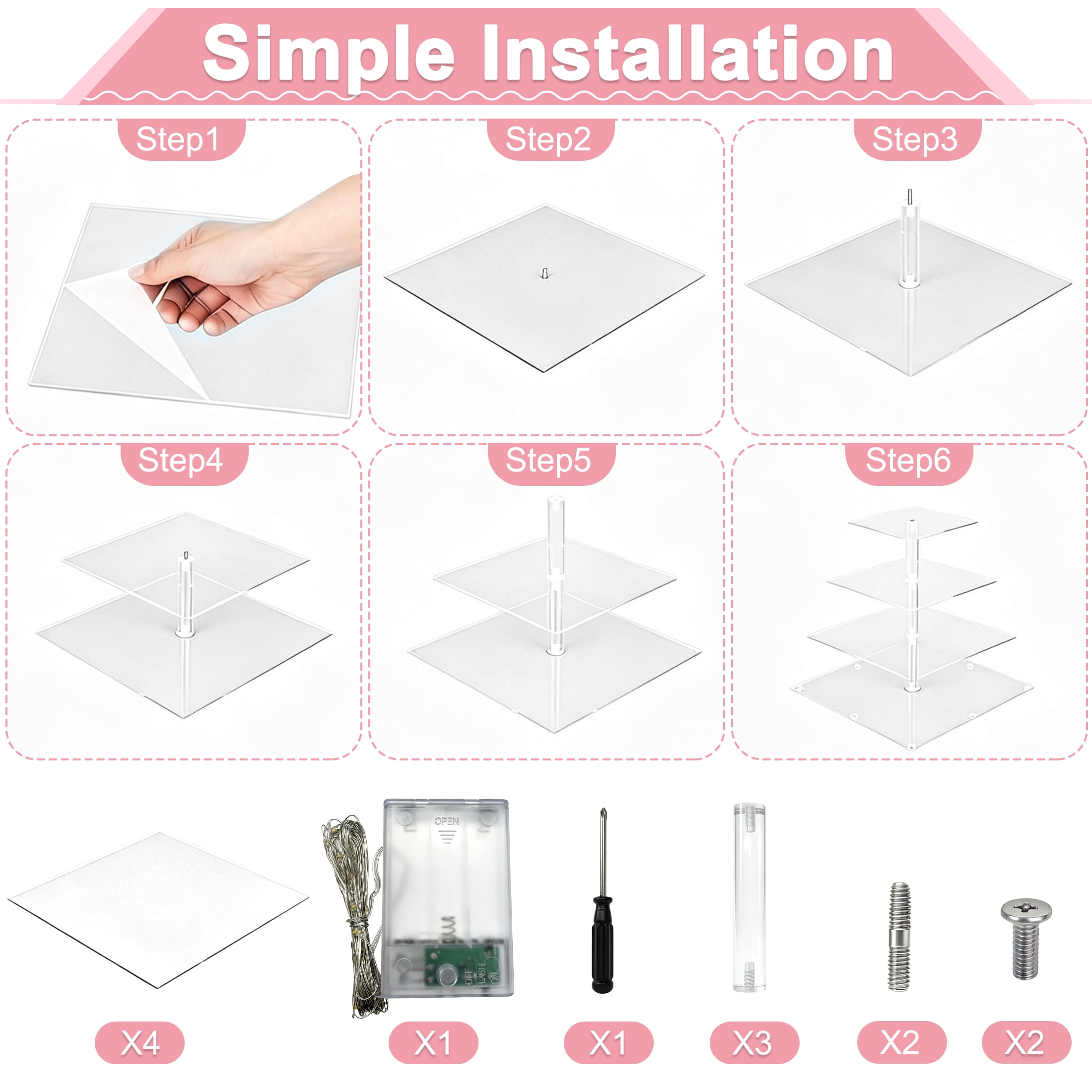 4‑Tier Square Cupcake Stand, Clear Dessert Tower Display Holder with LED Light String, Holds up to 50 Cupcakes for Birthday Wedding Party Tea Serving