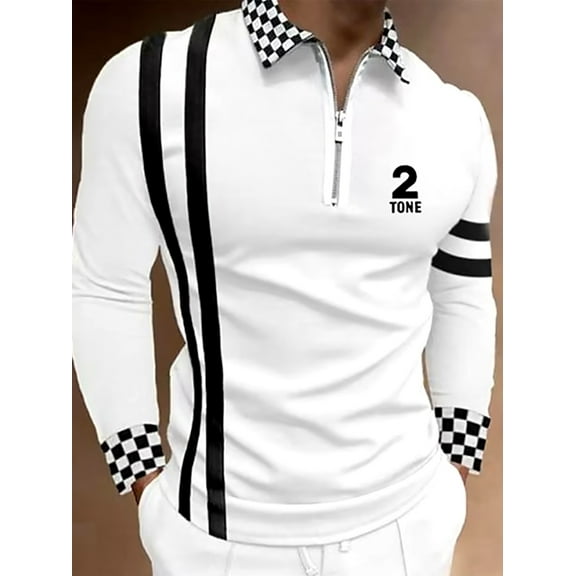 Men’s Long Sleeve Polo Shirts Fashion Contrast Color Shirt Zipper Polo T Shirts Fall Spring Tops White L