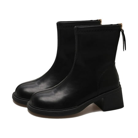 

Tuphregyow Women s Waterproof Leather Ankle Boots Square Toe Chunky Heel British Style Height Increase Zipper Closure Fashionable Thick Bottom Short Boots Black 37