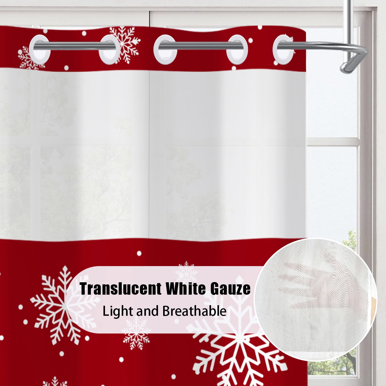 Mizhona White Snowflakes Hookless Shower Curtain with Snap in Liner，Red No Hooks Fabric Bath Curtain,71"× 74"