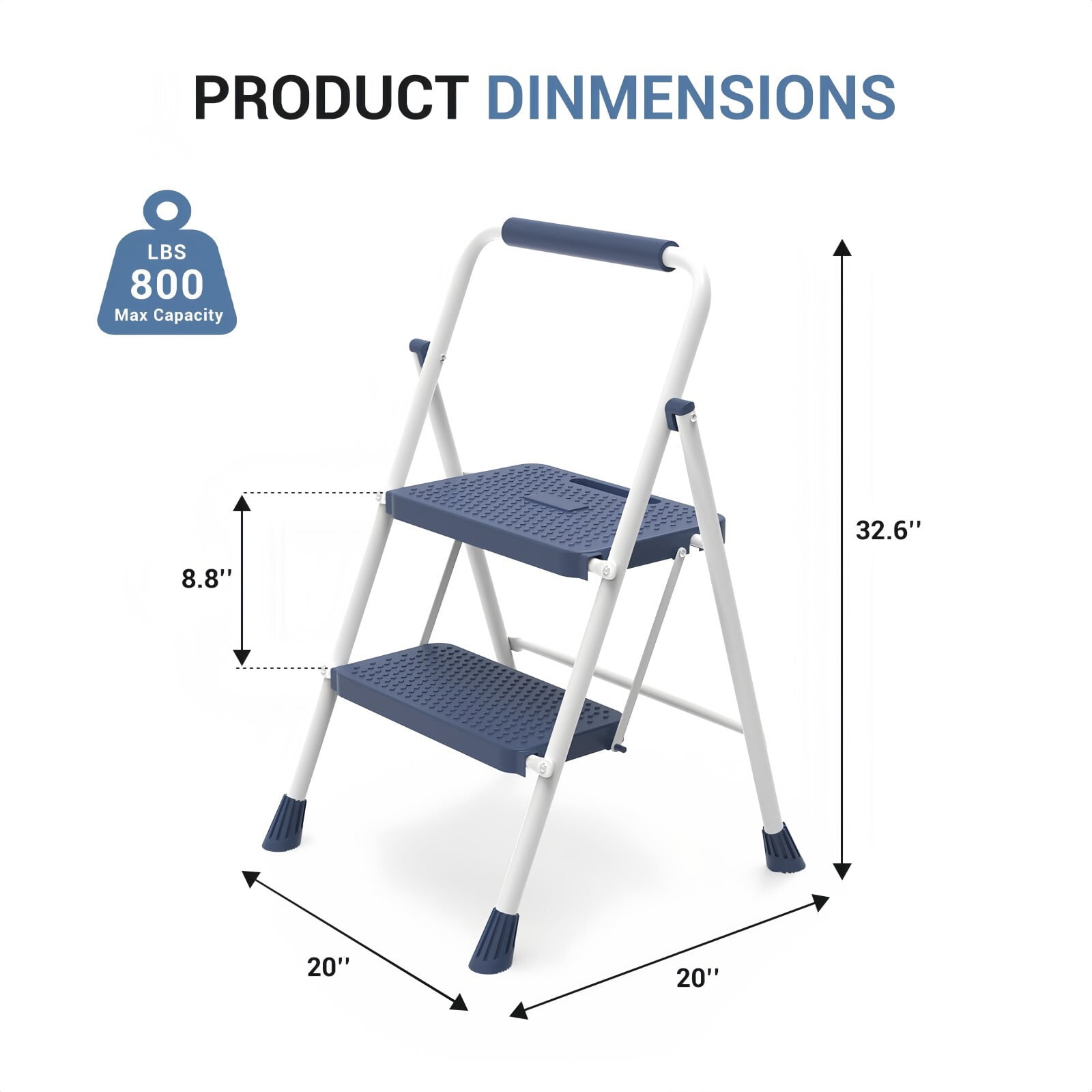 Kelno 2 Step Ladder 800Lbs Capacity Folding Step Stool with Anti Slip Pedals Safety Handrail, Blue White