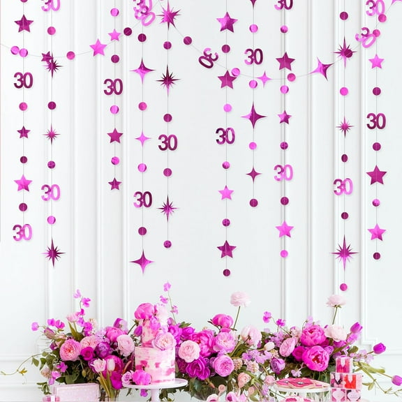 Cheerland Hot Pink 30th Birthday Decorations Number 30 Circle Dot Twinkle Star Garland Glitter Hanging Streamer Bunting Banner Backdrop