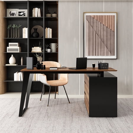 KULAGAGA L Shaped Computer Study Desk with Cabinet and 3 Drawers Corner Writing Workstation Table with Metal Legs for Home Office Walnut
