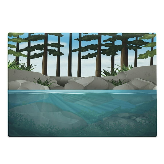 Landscape Cutting Board, Water Scene out in the Wild Forest Environment Mother Nature Items Trees, Decorative Tempered Glass Cutting and Serving Board, in 3 Sizes, by Ambesonne