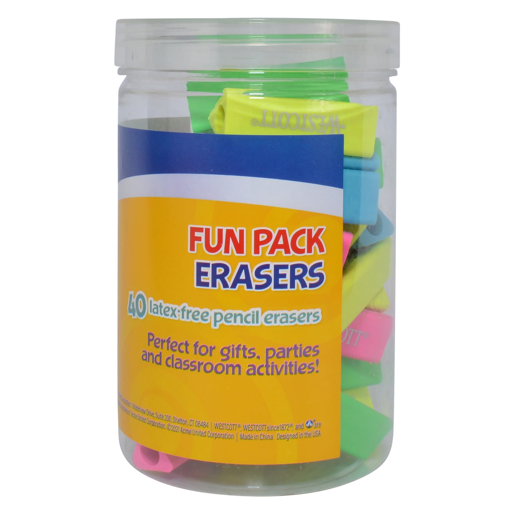 Westcott Erasers Fun Pack, Assorted Colors, 40 Per Pack, 2 Packs