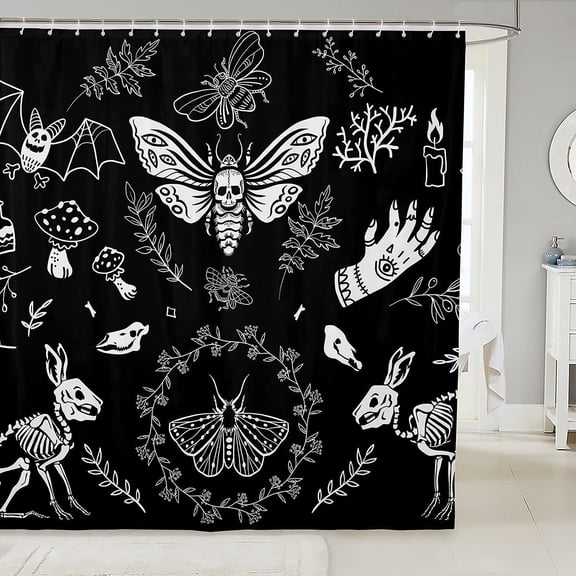 Moth Skull Shower Curtain for Bathtub Boho Personalized Animal Skeleton Btahroom Shower Curtains Halloween Gothic Bones Bath Curtain Mushrooom Rabbit Bathroom Decor Fabric Shower Curtain Set 72"x84"