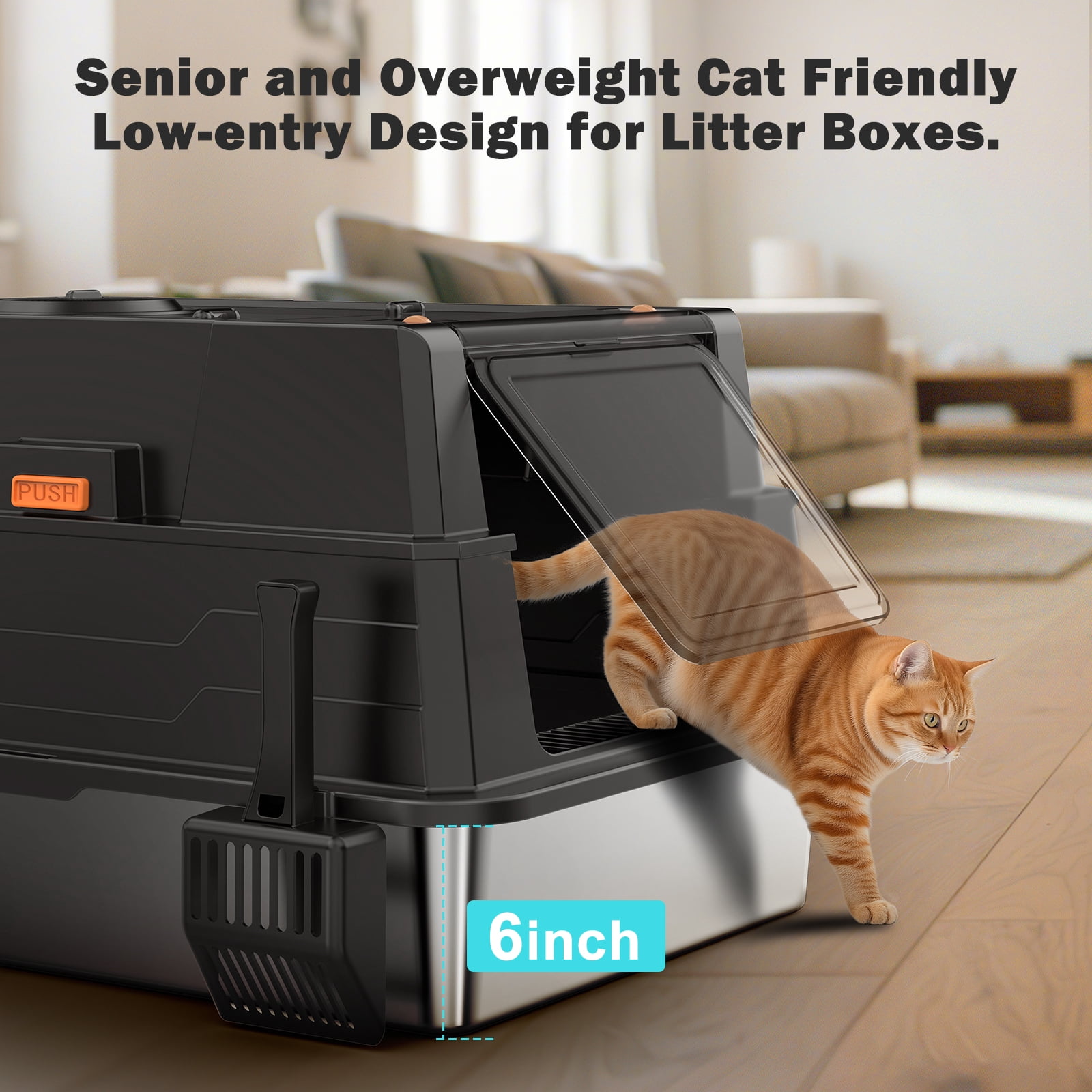 Stainless Steel Litter Box with Lid, Extra Large Enclosed Metal Cat Box, Front Entry Top Exit Kitty Litter Box with Litter Scoop and Litter Mat, Black