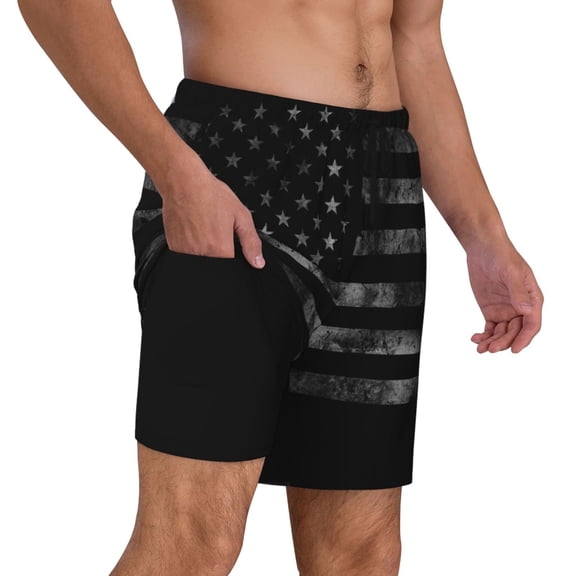 Mens Swim Trunks America Us Flag Retro Quick Dry Board Shorts with Compression Liner
