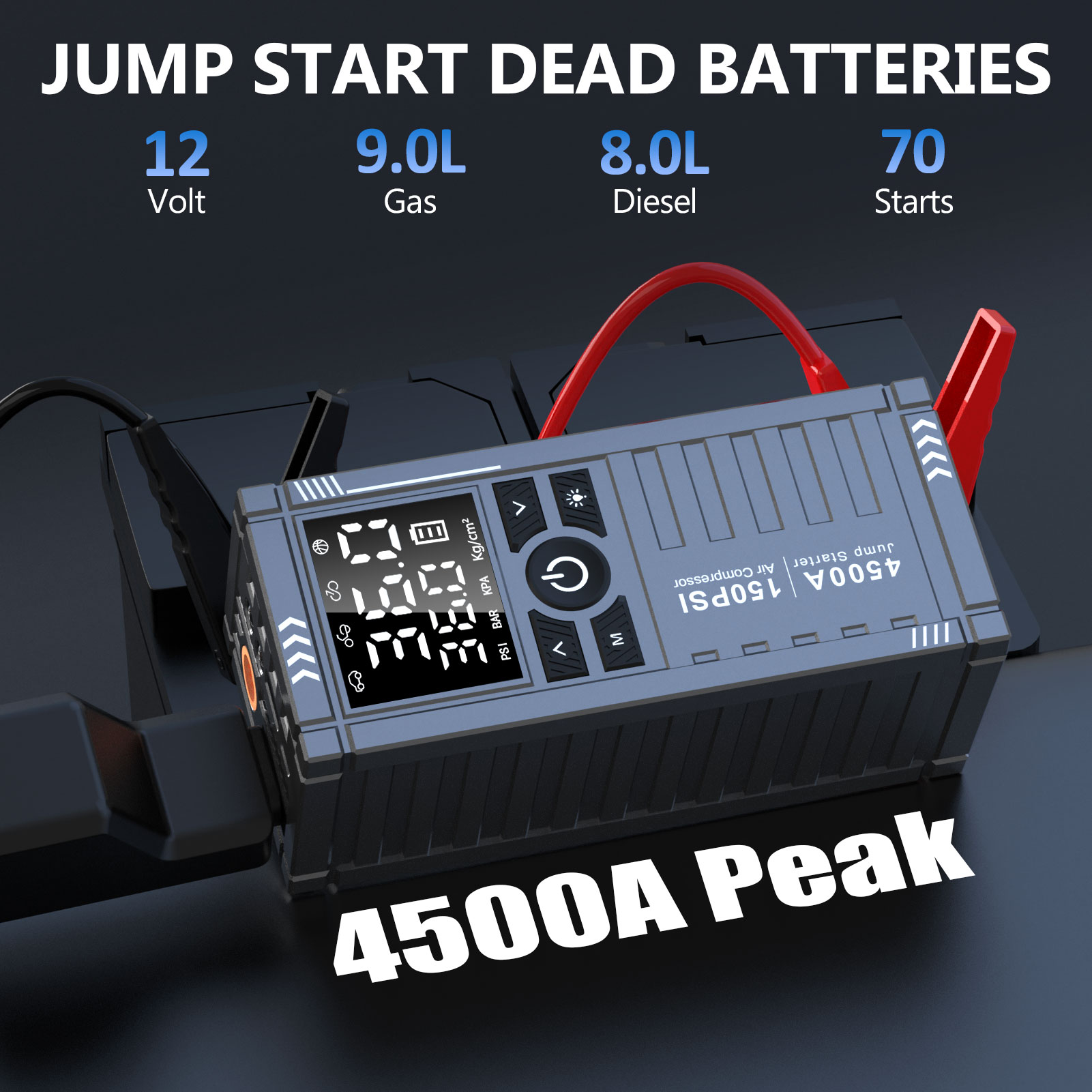 WellMall Auto Jump Starter with Air Compressor - 4500A 150PSI Portable Car Battery Jump Starter (5L Gas/3.5L Diesel), 12V Jump Box Car Battery Jumper Starter Portable Jumper Cables, LED Light