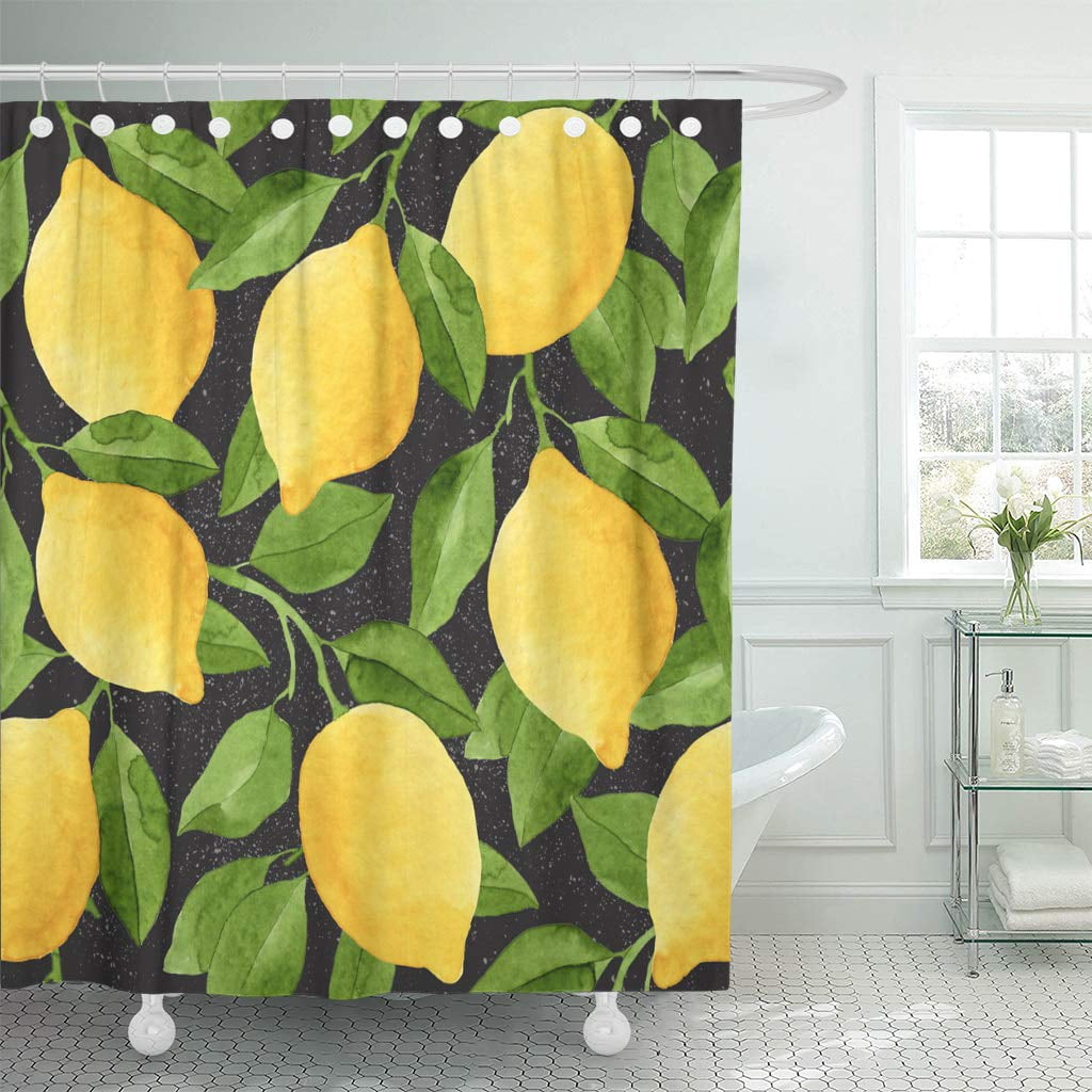 KSADK Bright Yellow Watercolor Lemons and Green Leaves on Black with