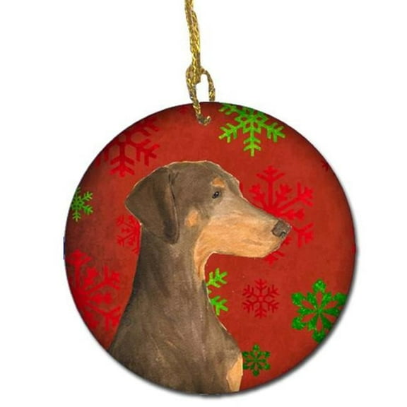 Doberman Red Snowflakes Holiday Christmas Ceramic Ornament