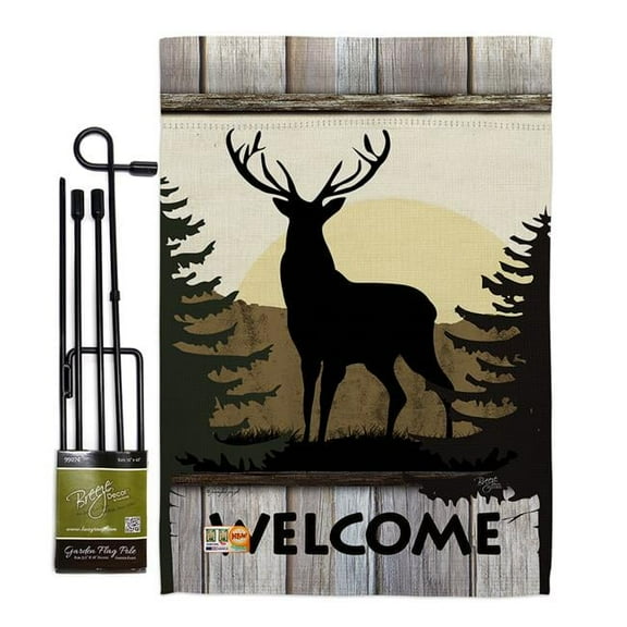 Breeze Decor BD-WL-GS-110110-IP-BO-D-US18-SB 13 x 18.5 in. Welcome Deer Nature Wildlife Vertical Double Sided Mini Garden Flag Set with Banner Pole