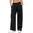 thumbnail image 3 of Hvogkswy Cargo Pants for Women Elastic Drawstring Straight Leg Loose Long Trousers Multi Pockets Solid Casual Athletic Work Pants S-3XL, 3 of 9